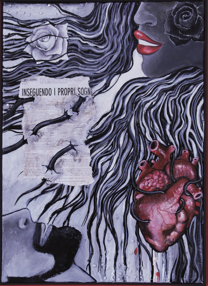 Nosotros, acrilico e tecnica mista fra collage di giornali e tondini di allumino su tela, cm 50×70