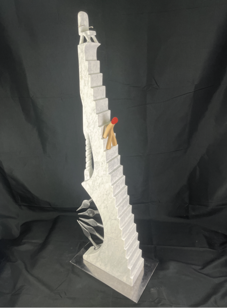 Go up or Down?, scultura in marmo con un piccolo pezzo di ceramica, cm 25x40x112