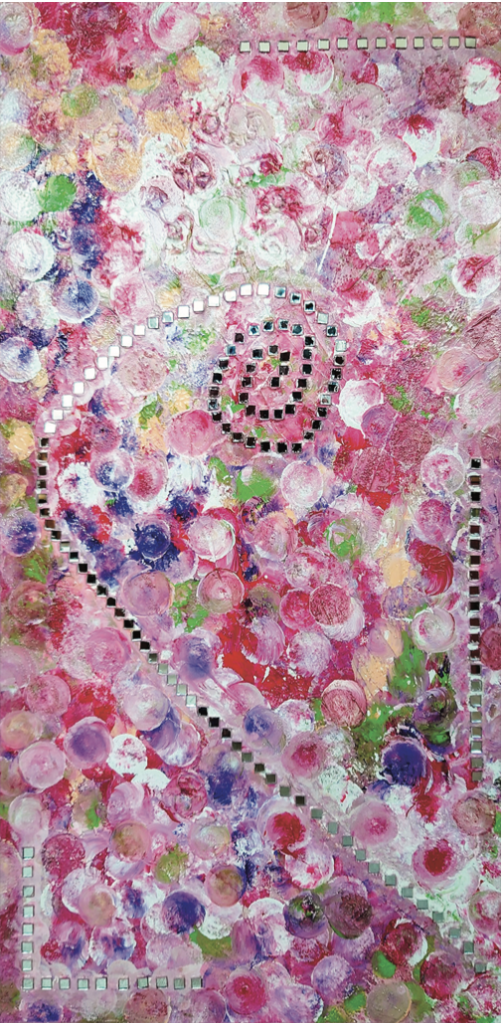 The scent of flowers, canvas stretched on a stretcher frame, acrylic, painted, stamped with an- tique wooden sari models for delicate floral structures, spatulated, real color pigments from carnations, mirror mosaics made of glass, varnish, cm 100×50